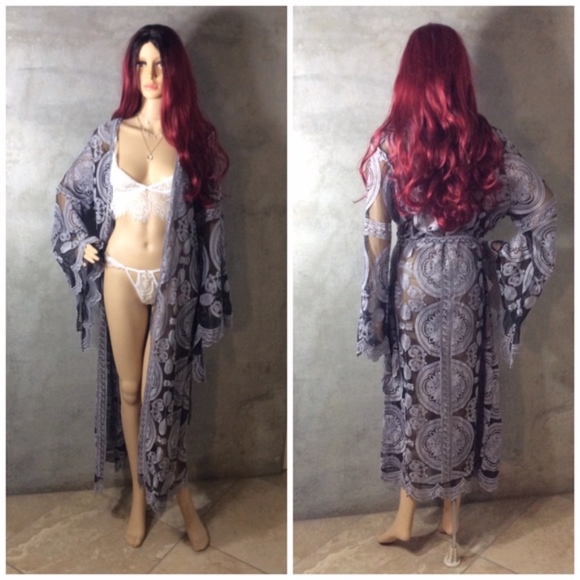 🌸 KIMONO ROBE CARDIGAN BLACK GRAY BELL SLEEVE LACE BOHO KIMONO FESTIVAL GYPSY - Picture 3 of 7